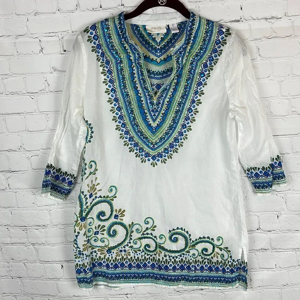 Chico’s Tunic Blouse with Beading and Embroidery Size 0